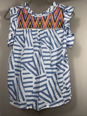 THML Blue & White Striped top with Multicolor Embroidered Yoke
